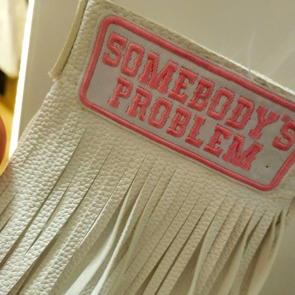 White Fringe Cross Body  with Pink Patch For Attention